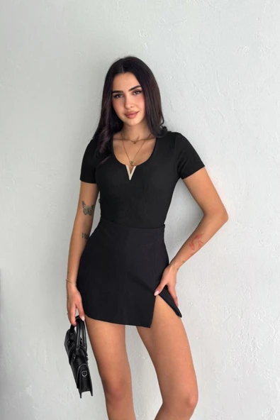 V Yaka Crop Bluz DNV-000084 ürün görseli 1