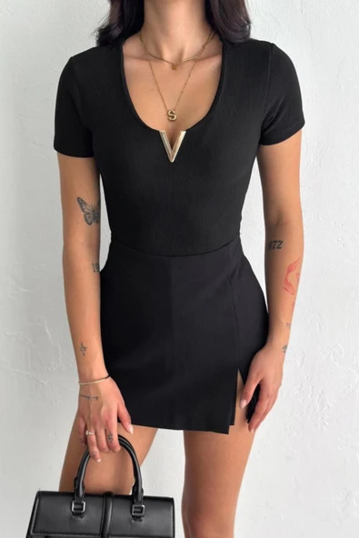 V Yaka Crop Bluz DNV-000084 - Resim 2