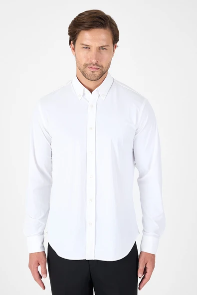Beyaz Uzun Kol Düğmeli Yaka Cepsiz Performans Ürün Slim Fit  Gömlek 1004250270 ürün görseli 1