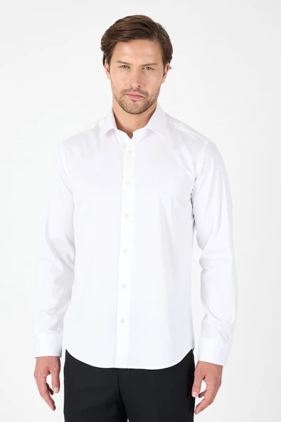 Beyaz Uzun Kol Sert Yaka Cepsiz  Slim Fit %100 Pamuk Gömlek 1004250266 ürün görseli 1