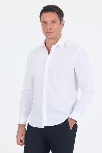 Beyaz Uzun Kol Filafil Desen Filafil Sert Yaka Cepsiz Pamuklu Basic Slim Fit Gömlek 1004250008 ürün görseli 1