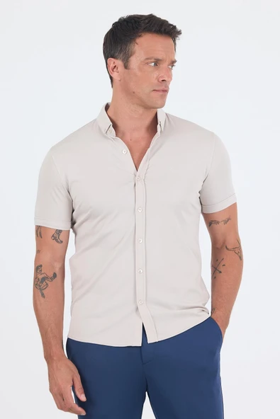 Taş italyan Düğmeli Yaka Kısa Kol Cepsiz Slim Fit Gömlek 1004250255 ürün görseli 1