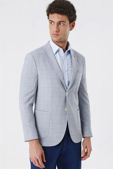 Koyu Mavi Ekoseli Mono Yaka Astarsız Çift Yırtmaç 6 Drop Slim Fit Dar Kesim Casual Ceket 1002230150 ürün görseli 1