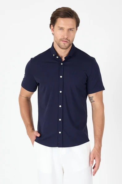 Lacivert Kısa Kol Düğmeli Yaka Cepsiz Performans Ürün Slim Fit  Gömlek 1004250256 ürün görseli 1