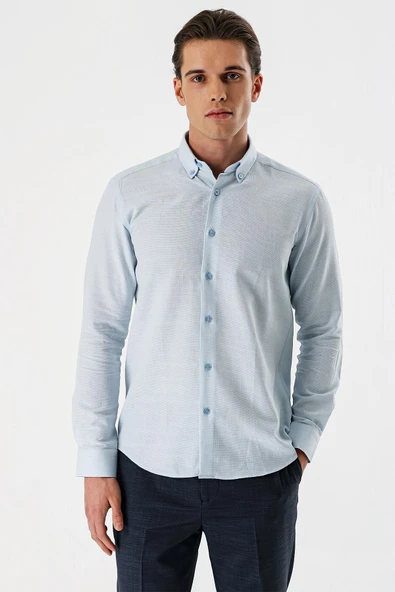 Koyu Mavi Uzun Kollu Desenli Armürlü Düğmeli Yaka Cepsiz %100 Pamuk Slim Fit Gömlek 1004240175 ürün görseli 1