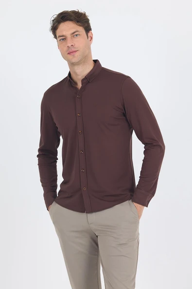 Kahverengi İtalyan Düğmeli Yaka UzunKol Cepsiz Slim Fit Gömlek 1004250254 ürün görseli 1