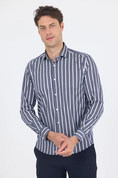 Lacivert Uzun Kol Yarım İtalyan Yaka Cepsiz Easy To Iron Slim Fit Esnek Gömlek 1004250228 ürün görseli 1