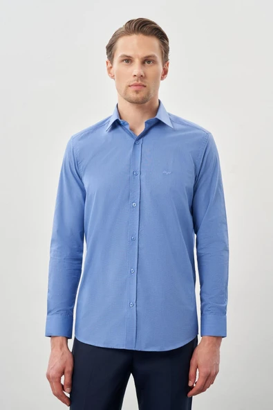 Mavi Uzun Kol Filafil Sert Yaka  Slim Fit Dar Kesim Basic Gömlek 1004210008 ürün görseli 1