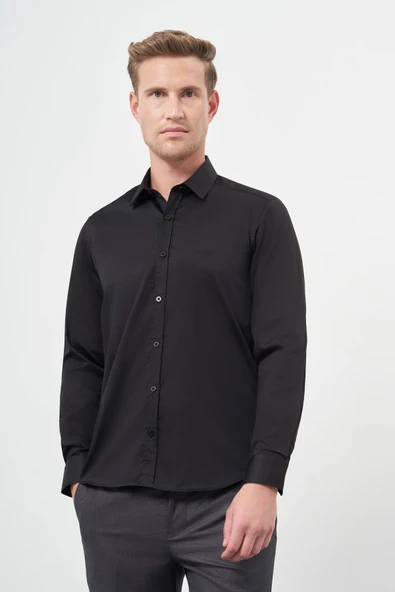 Siyah Uzun Kol Düz Bez Ayağı 032 Sert Yaka Classic Slim Fit Gömlek 1004245324 ürün görseli 1