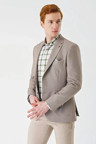 Bej Örme Mono Yaka Çift Yırtmaç Likralı 6 Drop Slim Fit Dar Kesim Klasik Ceket 1002240138 ürün görseli 1