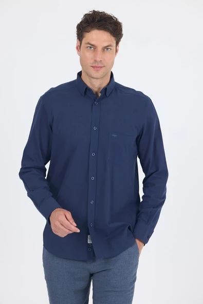 Lacivert Uzun Kol Düz Armür Oval Yaka Casual Comfort Fit Gömlek 1004250249 ürün görseli 1