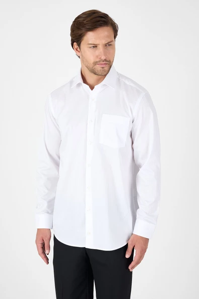 Beyaz Uzun Kol Sert Yaka Cepli Non Iron Comfort Fit Pamuklu Gömlek 1004250268 ürün görseli 1