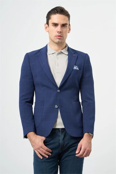 Koyu Lacivert Kareli Mono Yaka Likralı 6 Drop Ekstra Slim Fit Casual Ceket 1002240156 ürün görseli 1