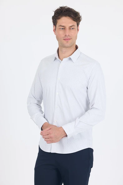 Beyaz Uzun Kol Sert Yaka Cepsiz Easy To Iron Slim Fit Esnek Gömlek 1004250230 ürün görseli 1