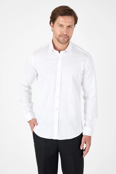 Beyaz Sert Yaka Düz Classic %100 Pamuk Slim Fit Gömlek 1004250324 ürün görseli 1