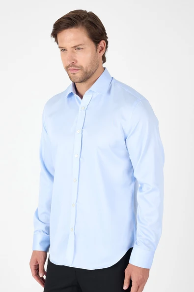 Mavi Uzun Kol İtalyan Yaka Cepsiz Non Iron Slim Fit %100 Pamuk Gömlek 1004250269 ürün görseli 1
