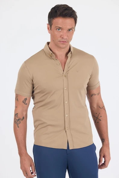 Bej italyan Düğmeli Yaka Kısa Kol Cepsiz Slim Fit Gömlek 1004250255 ürün görseli 1