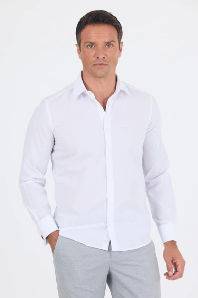 Beyaz Uzun Kol Düz Sert Yaka Cepsiz Pamuklu Basic Slim Fit Gömlek 1004250059 ürün görseli 1