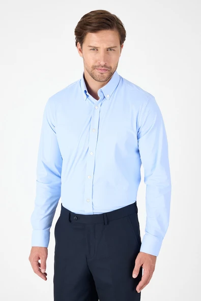 Mavi Uzun Kol Düğmeli Yaka Cepsiz Performans Ürün Slim Fit  Gömlek 1004250270 ürün görseli 1