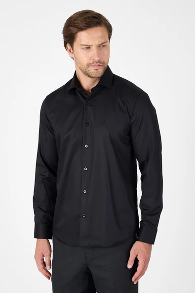 Siyah Uzun Kol Yarım İtalyan Yaka Cepsiz Non Iron Slim Fit Pamuklu Gömlek 1004250267 ürün görseli 1
