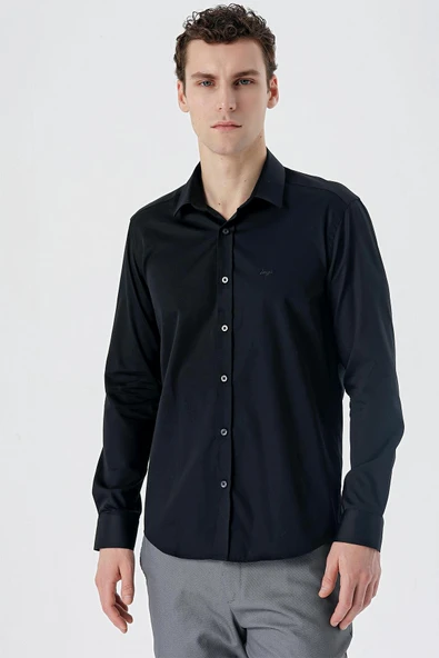 Siyah Uzun Kollu   Sert Yaka Cepsiz  %100 Pamuk Klasik Slim Fit Dar Kesim Gömlek 1004235424 ürün görseli 1