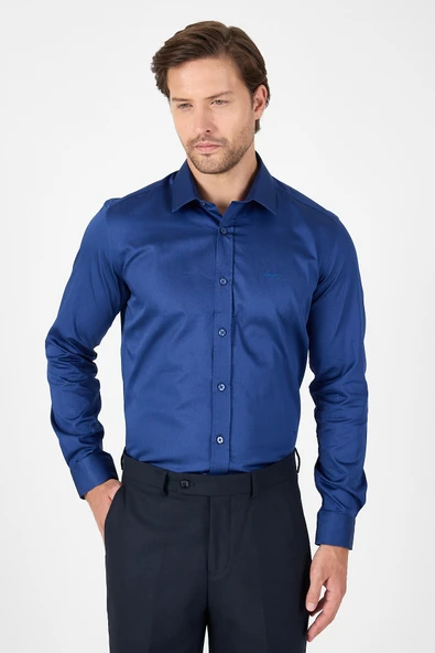 Lacivert Sert Yaka Düz Classic %100 Pamuk Slim Fit Gömlek 1004250324 ürün görseli 1