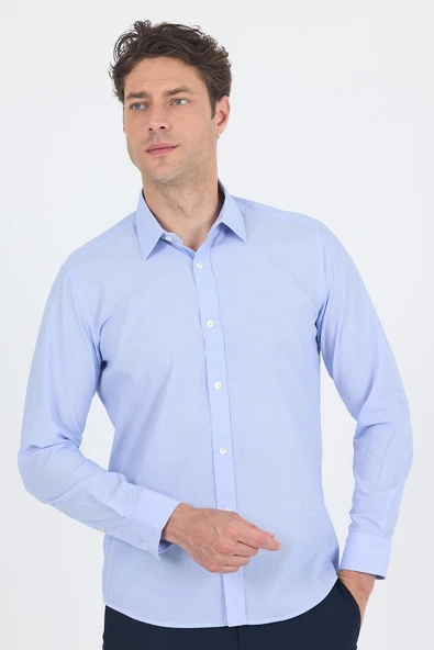 Mavi Uzun Kol Filafil Desen Filafil Sert Yaka Cepsiz Pamuklu Basic Slim Fit Gömlek 1004250008 ürün görseli 1