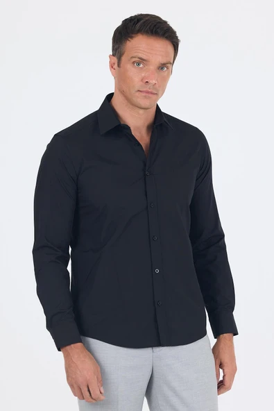 Siyah Uzun Kol Düz Bez Ayağı Sert Yaka Cepsiz Pamuklu Basic Slim Fit Gömlek 1004250057 ürün görseli 1