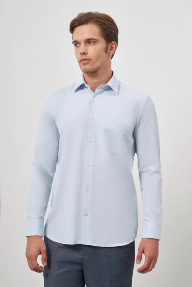 Mavi Uzun Kol Kendinden Desenli Armürlü Sert Yaka Classic Comfort Fit Gömlek 1004245154 ürün görseli 1