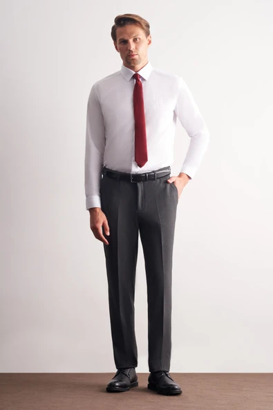 Beyaz Uzun Kol Düz Bez Ayağı Sert Yaka Cepsiz Pamuklu Basic Slim Fit Gömlek 1004250057 ürün görseli 1
