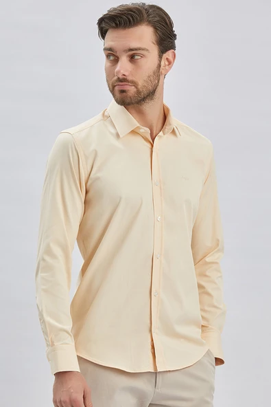 Açık Bej Uzun Kollu Sert Yaka Cepsiz Pamuklu Likralı Klasik Slim Fit Dar Kesim Gömlek 1004240234 ürün görseli 1