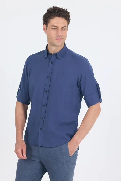 İndigo Kısalabilir Kol Smart Biritli Yaka Cepsiz  Slim Fit  Gömlek 1004250224 ürün görseli 1