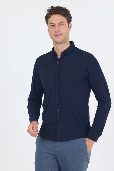 Lacivert İtalyan Düğmeli Yaka UzunKol Cepsiz Slim Fit Gömlek 1004250254 ürün görseli 1