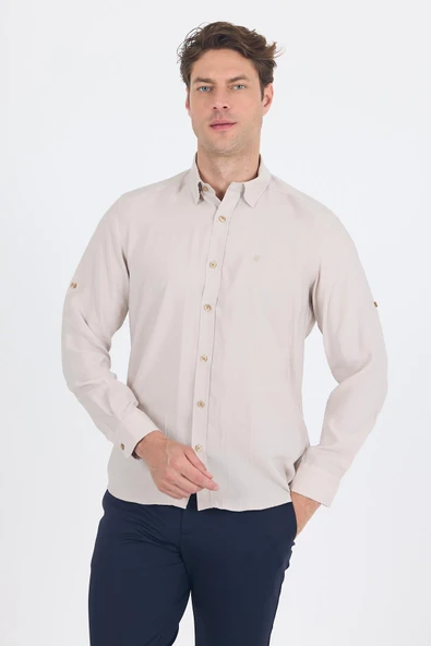 Bej Kısalabilir Kol Smart Biritli Yaka Cepsiz  Slim Fit  Gömlek 1004250224 ürün görseli 1