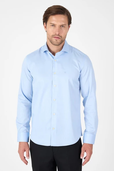 Mavi Uzun Kol Yarım İtalyan Yaka Cepsiz Non Iron Slim Fit Pamuklu Gömlek 1004250267 ürün görseli 1