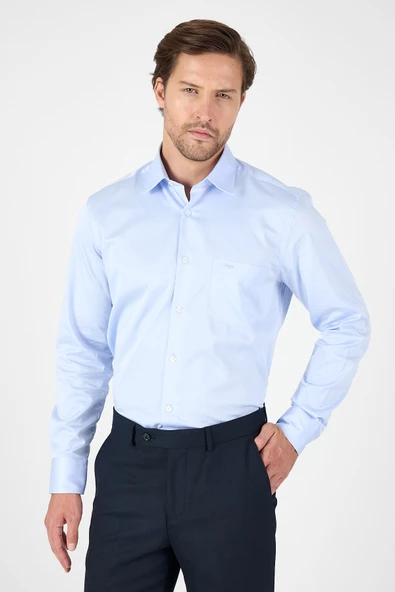Mavi Sert Yaka Düz Classic %100 Pamuk Comfort Fit Gömlek 1004250323 ürün görseli 1