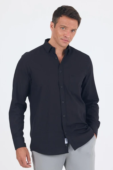 Siyah Uzun Kol Düz Armür Oval Yaka Casual Comfort Fit Gömlek 1004250249 ürün görseli 1