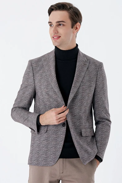 Koyu Kahverengi Ekoseli Örme Kırlangıç Yaka Çift Yırtmaç 6 Drop Slim Fit Klasik Ceket 1002235110 ürün görseli 1