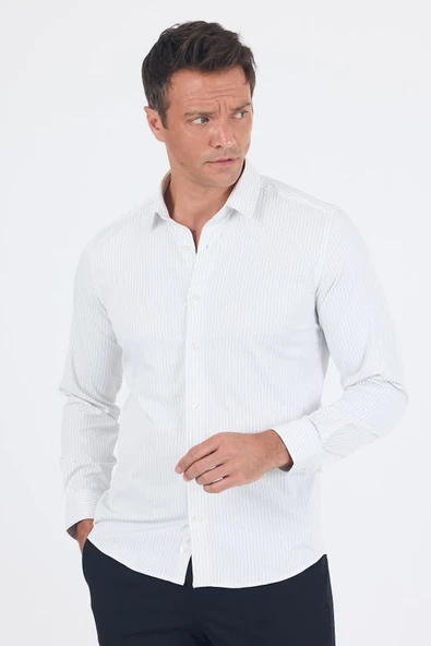 Beyaz Uzun Kol Sert Yaka Cepsiz Easy To Iron Slim Fit Esnek Gömlek 1004250230 ürün görseli 1