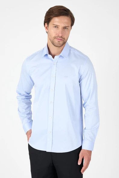 Mavi Sert Yaka Düz Classic %100 Pamuk Slim Fit Gömlek 1004250324 ürün görseli 1