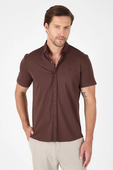 Kahverengi Kısa Kol Düğmeli Yaka Cepsiz Performans Ürün Slim Fit  Gömlek 1004250256 ürün görseli 1