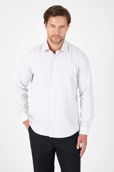 Bej Uzun Kol Sert Yaka Cepsiz  Slim Fit Pamuklu Gömlek 1004250225 ürün görseli 1