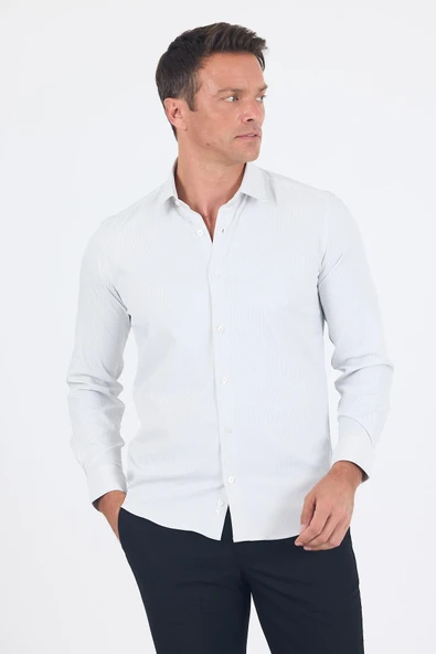Beyaz Uzun Kol Sert Yaka Cepsiz Easy To Iron Slim Fit Esnek Gömlek 1004250233 ürün görseli 1
