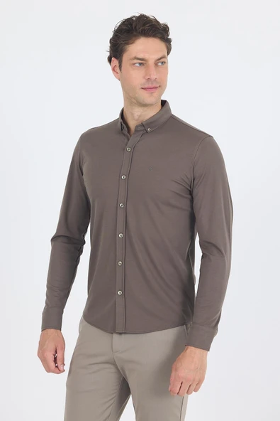 Haki İtalyan Düğmeli Yaka UzunKol Cepsiz Slim Fit Gömlek 1004250254 ürün görseli 1
