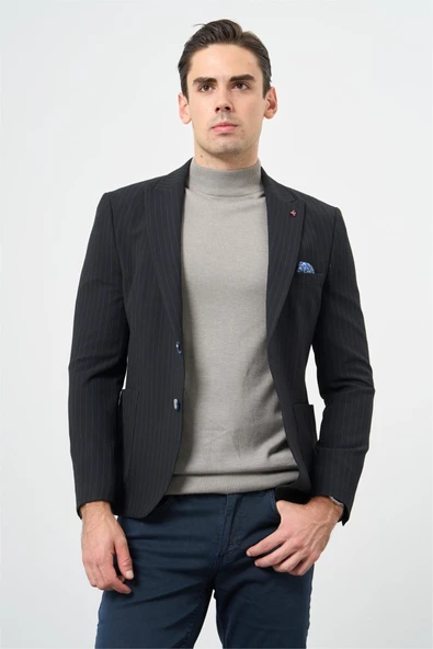 Koyu Lacivert Gofreli Kırlangıç Yaka Likralı 6 Drop Slim Fit Klasik Ceket 1002240111 ürün görseli 1