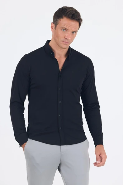 Siyah İtalyan Düğmeli Yaka UzunKol Cepsiz Slim Fit Gömlek 1004250254 ürün görseli 1