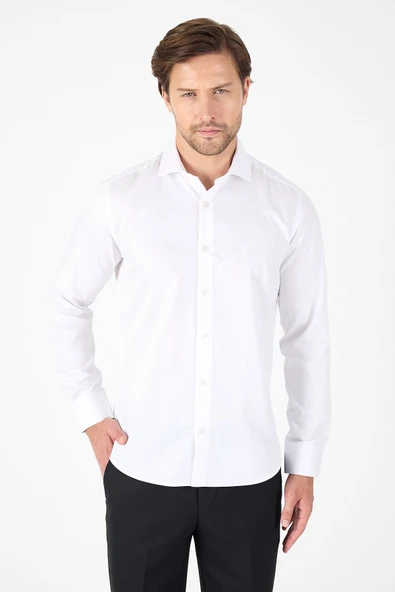 Beyaz Uzun Kol Yarım İtalyan Yaka Cepsiz Non Iron Slim Fit Pamuklu Gömlek 1004250267 ürün görseli 1