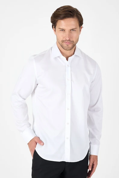 Beyaz Uzun Kol İtalyan Yaka Cepsiz Non Iron Slim Fit %100 Pamuk Gömlek 1004250269 ürün görseli 1