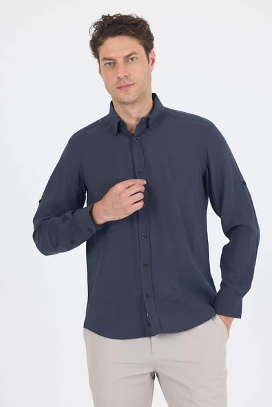 Füme Kısalabilir Kol Smart Biritli Yaka Cepsiz  Slim Fit  Gömlek 1004250224 ürün görseli 1