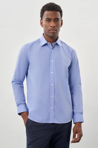 Mavi Uzun Kol Filafil Desen Filafil Sert Yaka Cepsiz Pamuklu Basic Slim Fit Gömlek 1004250008 ürün görseli 1
